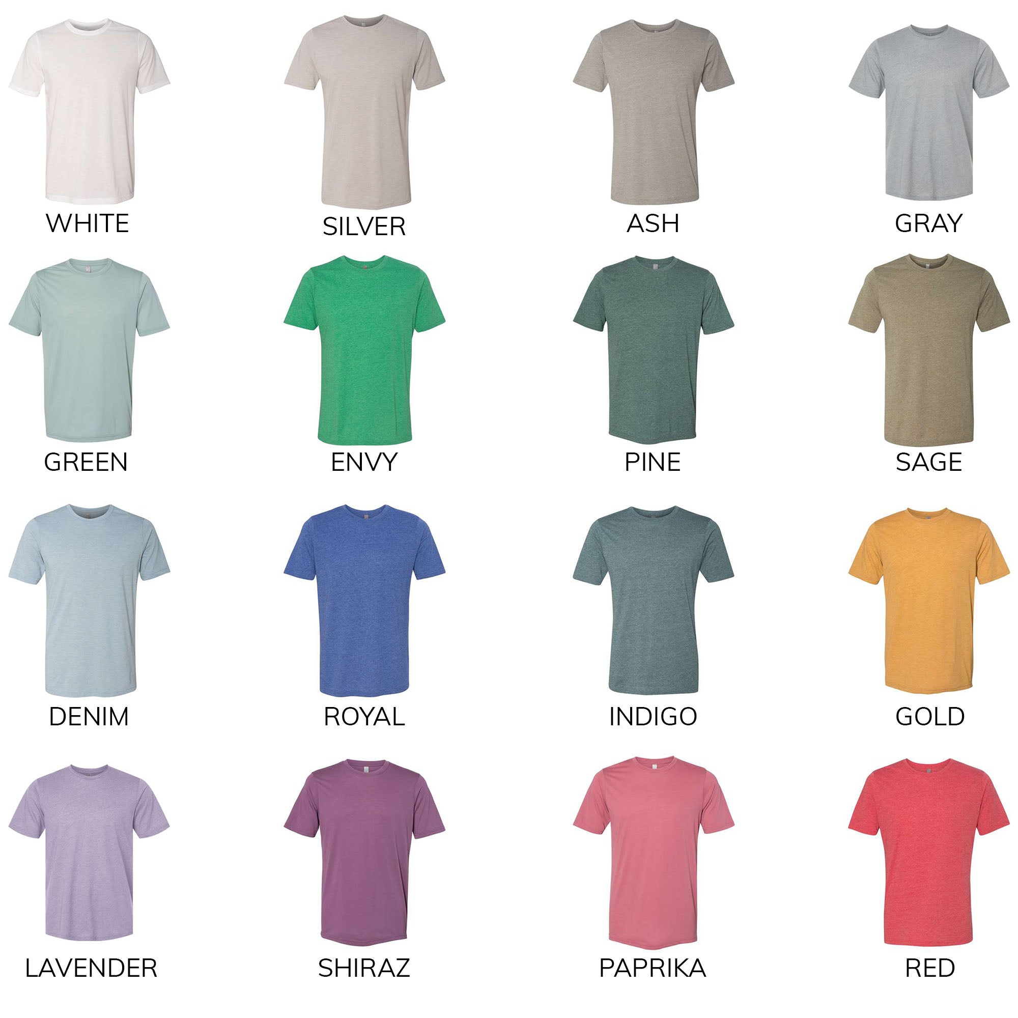Custom Script bride tee color option chart. 