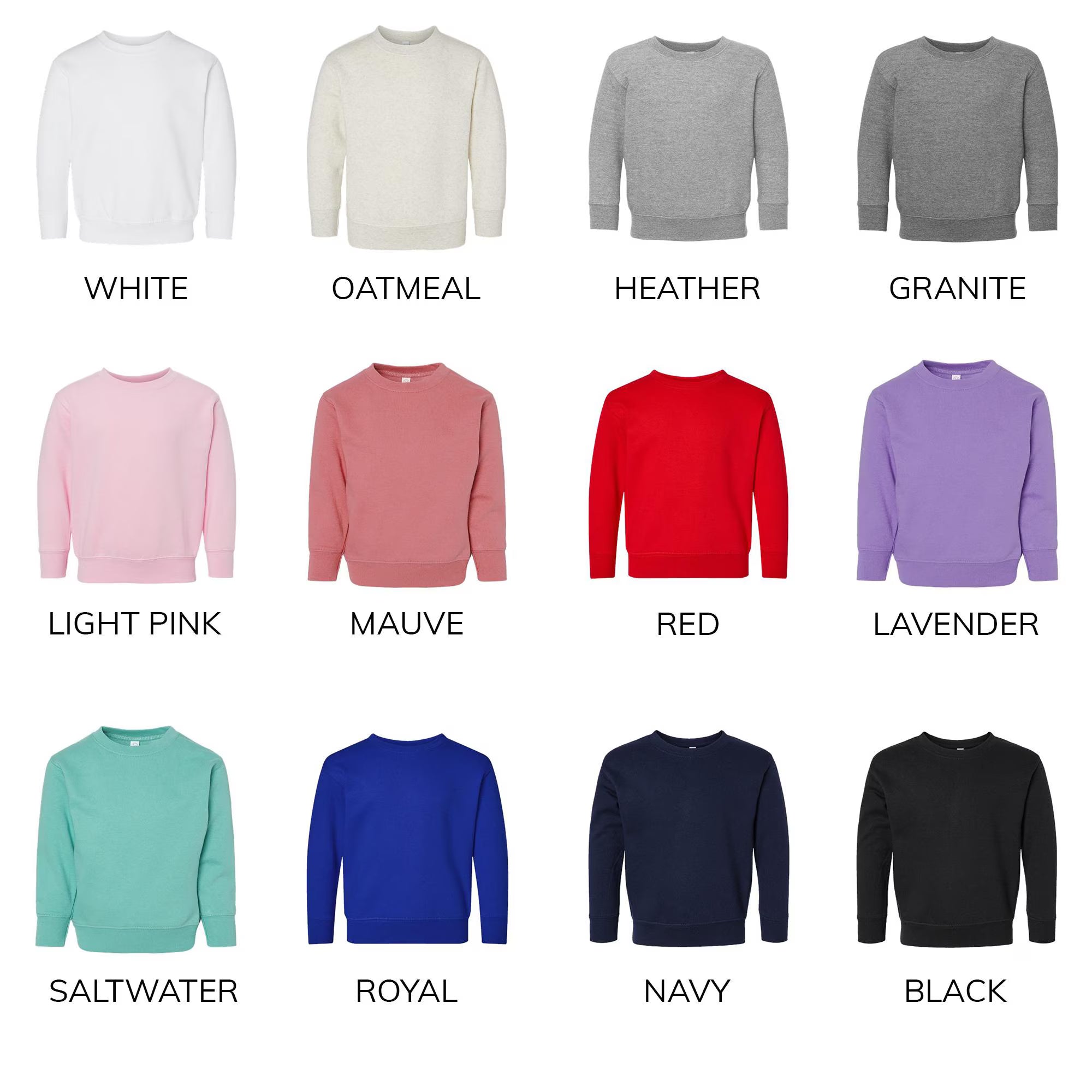 Color chart of sweatshirts is featured. 
