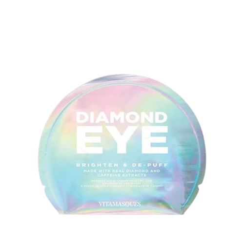 image showcases "Diamond Eye" eye masks, packaged in a holographic, iridescent pouch with text overlay. The shape of the pouch is an oval-like form.made of a holographic material that reflects a spectrum of colors, including blues, pinks, and greens. The text is in a clear, sans-serif font, with "DIAMOND EYE" in a bold, capitalized style. The text highlights the product's benefits, such as brightening and de-puffing, using "real diamond and caffeine extracts." On a white background. 