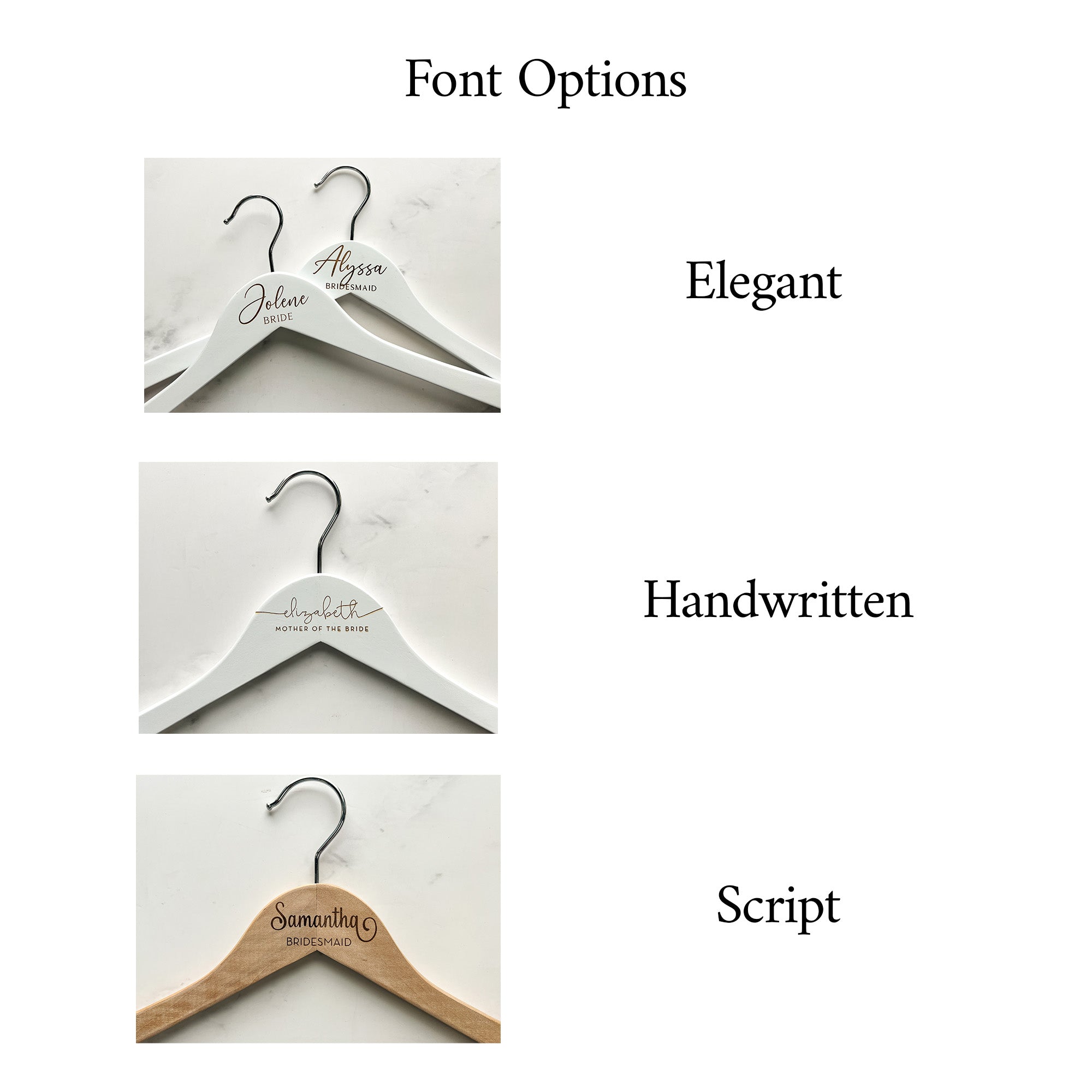Custom engraved hanger options chart.