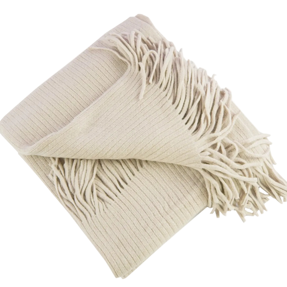 Beige throw blanket with fringes on a white background