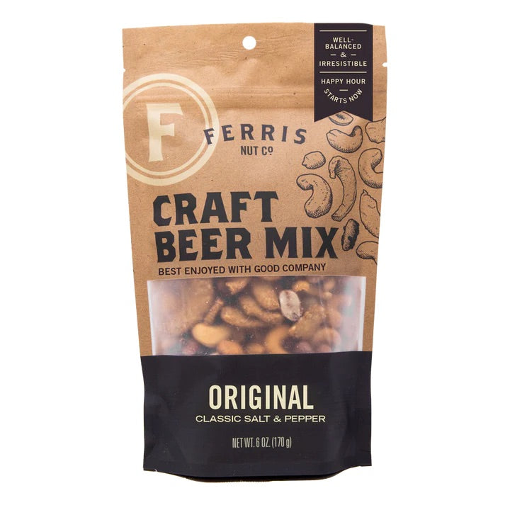 Craft Beer Mix (Ferris) in a 6 oz resealable pouch, showing a savory snack blend of seasoned nuts, pretzels, and crunchy mix-ins labeled “Original” style, typically packaged in a branded Ferris bag for beer pairing.