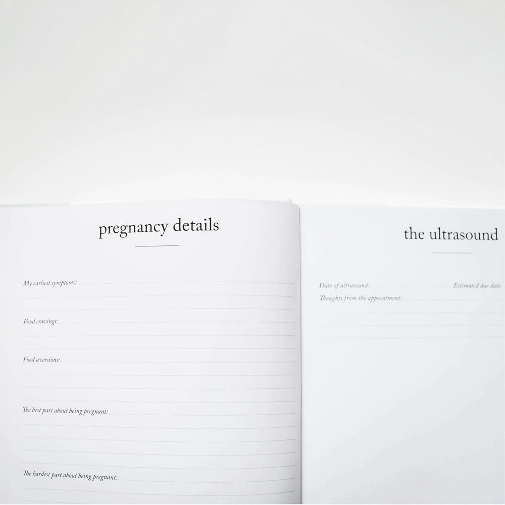 Open book with pregnancy details and ultrasound text on a white background