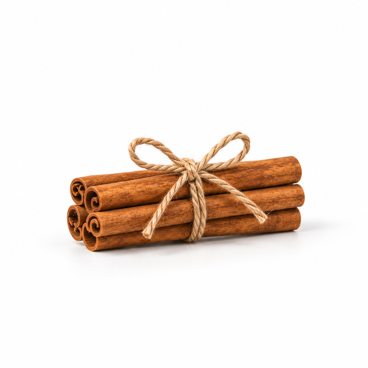 A small bundle of cinnamon sticks tied together with a natural jute string, photographed on a clean white background.