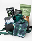 Gift basket with green and plaid elements on a white background