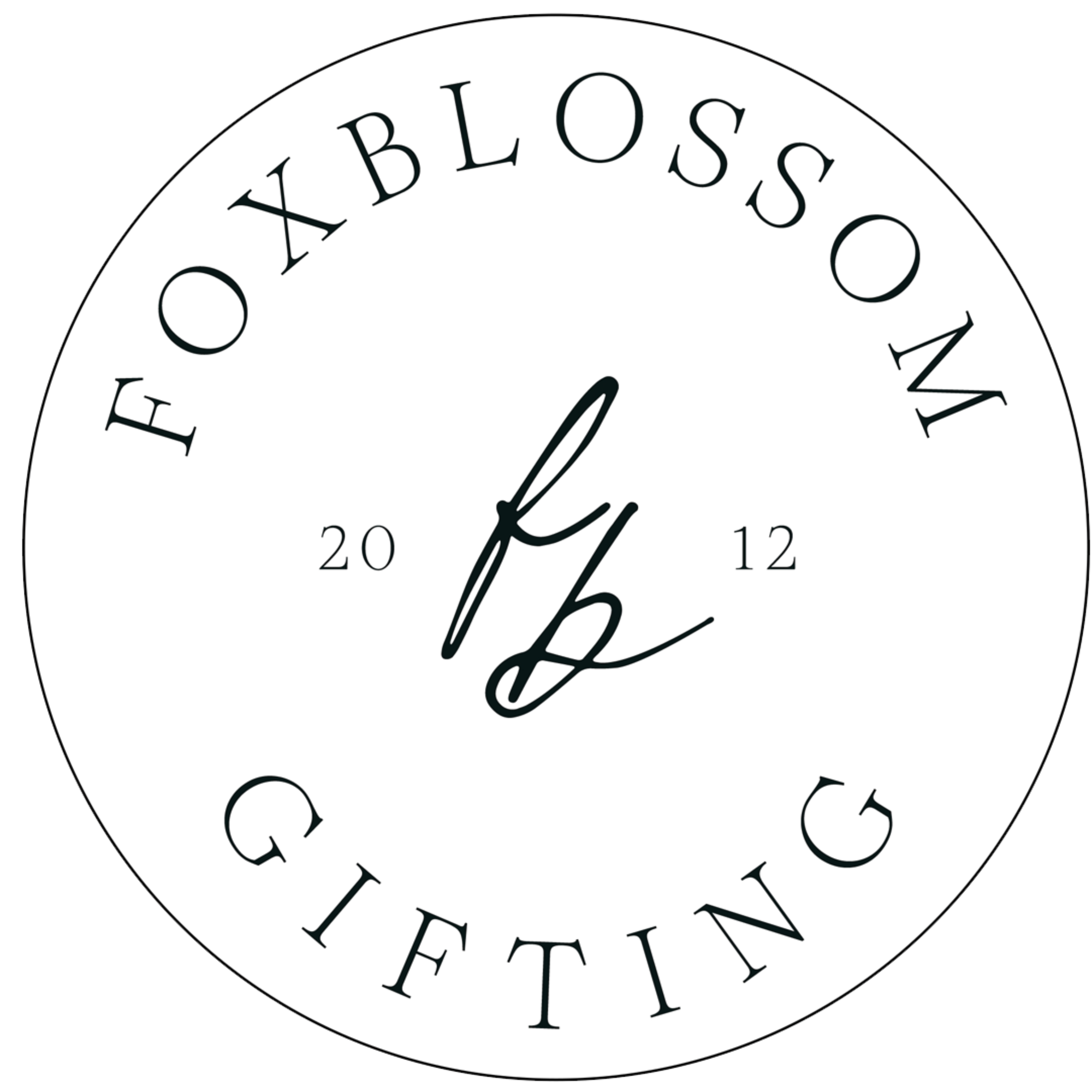 Circular logo with 'Foxblossom Gifting' text and a signature style 'fb' logo.