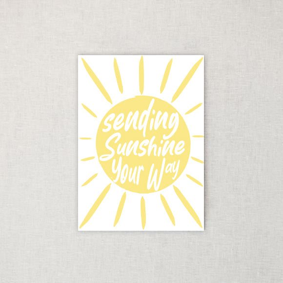 Sending Sunshine Your Way Greeting Card front view white background cheerful sun illustration encouragement card.