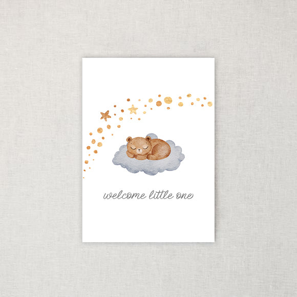 Welcome Little One baby card close up detail design illustration.
