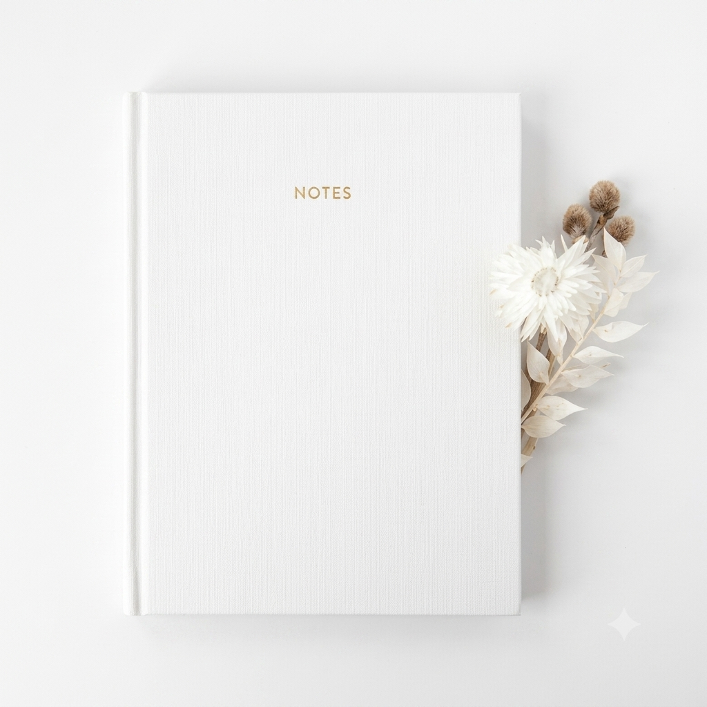 White linen journal notebook featured on a white background with a dried flower bundle next to it. 