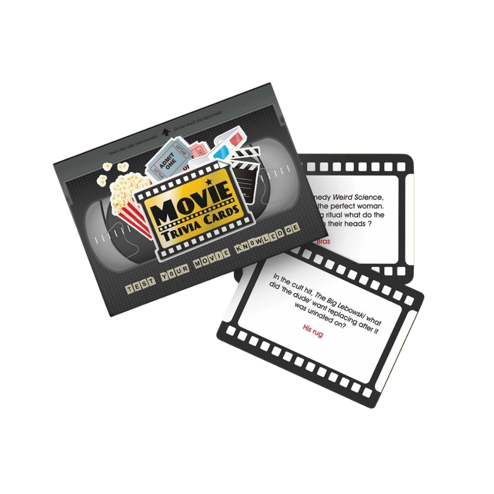 Compact Gift Republic Movie Night Trivia card game box on a clean white background, featuring a colorful movie-themed design, sized like a small retail trivia set for film lovers and game night entertainment.