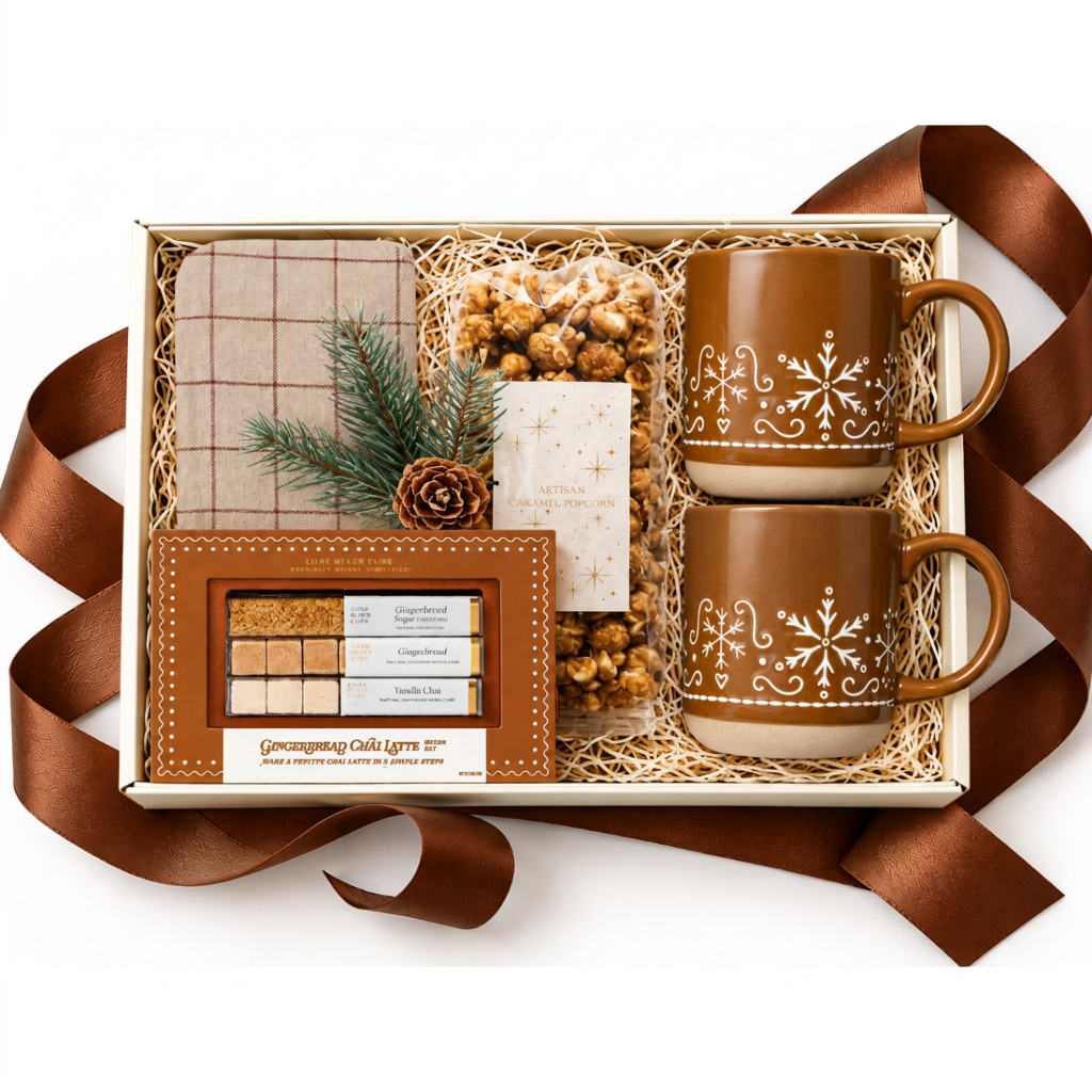A curated gift box set on a white background, featuring two brown ceramic mugs with white snowflake patterns, a box of gourmet cookies, a plaid cloth, a small gift set of lip glosses, and a pine sprig with a pinecone, all arranged in shredded paper with a brown ribbon.