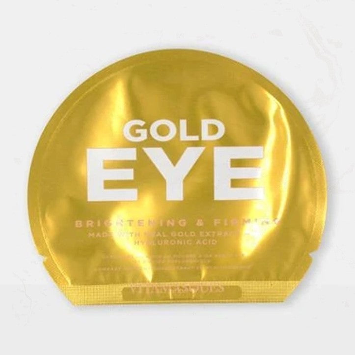 Gold eye pads from Vita Masques featured in their oval shaped gold package with white lettering title and bright pink information underneath the title on a white background. 