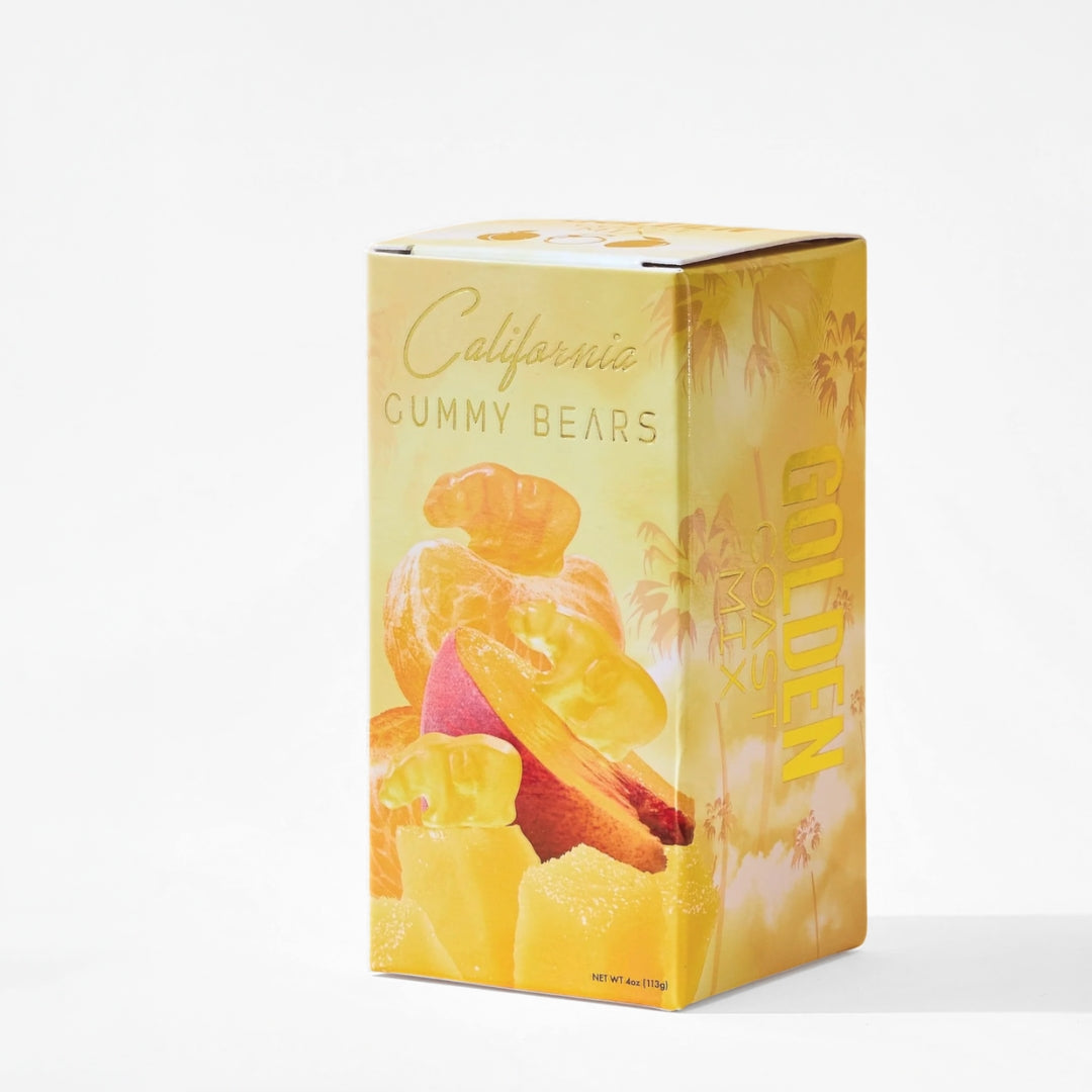 Box of California Gummy Bears with a yellow background