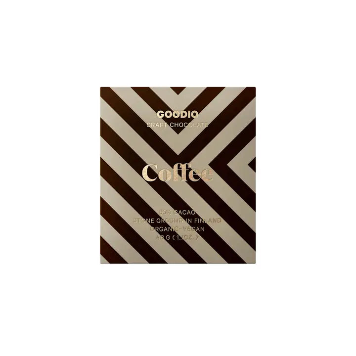  Goodio 56% coffee chocolate s a close-up shot of a square chocolate box featuring a geometric design, centered within the frame against a plain white background, ensuring the focus remains entirely on the product packaging. The box's design incorporates a pattern of alternating dark and light angled stripes. 