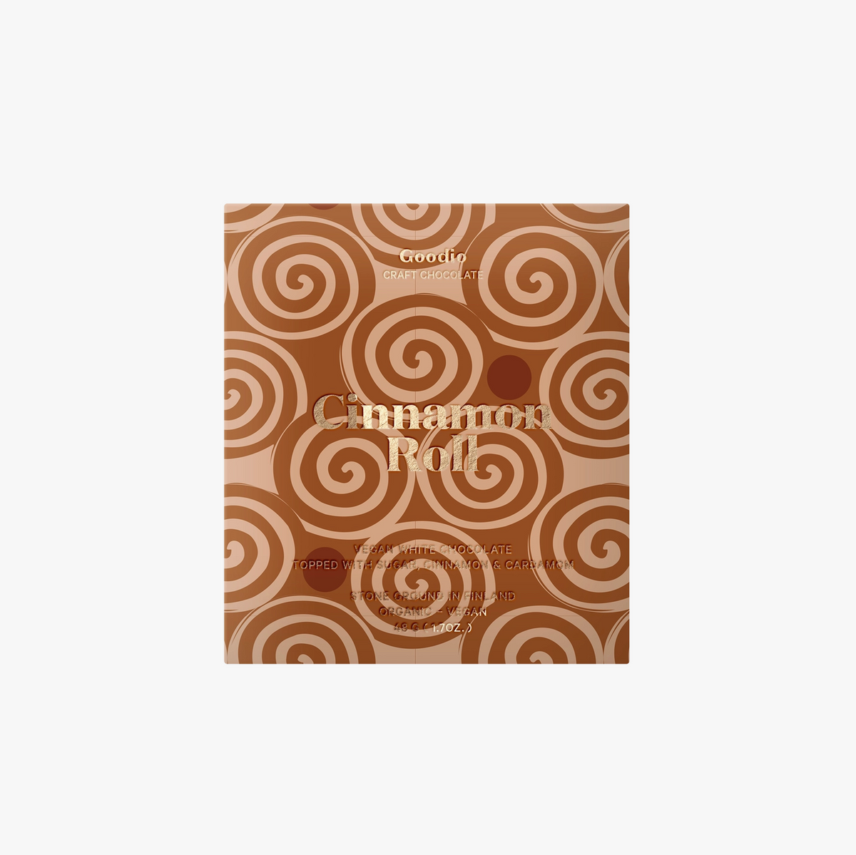 A square product box for a Cinnamon Roll flavor, featuring a pattern of brown and beige cinnamon swirls with the words 'Cinnamon Roll' in gold text, centered on a light gray background.