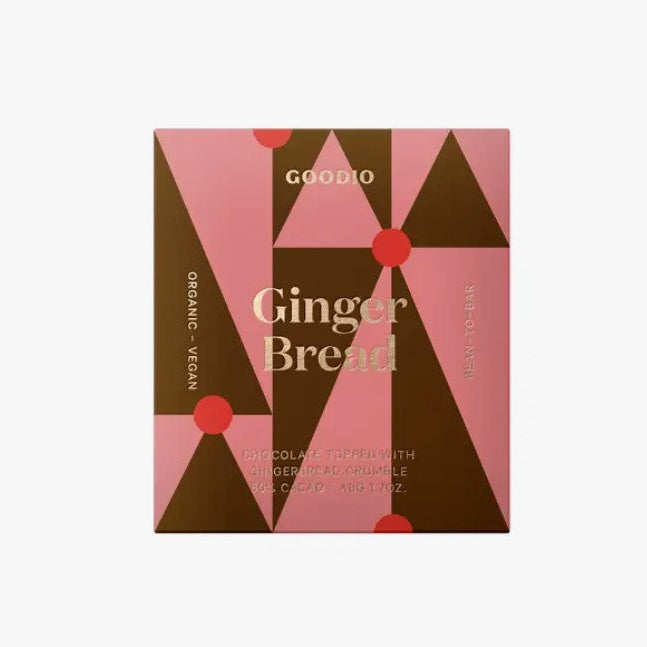 Gingerbread chocolate, image shows the goodio ginger bread chocolate rapping geometrical lines of brown and pink with gold lettering. 