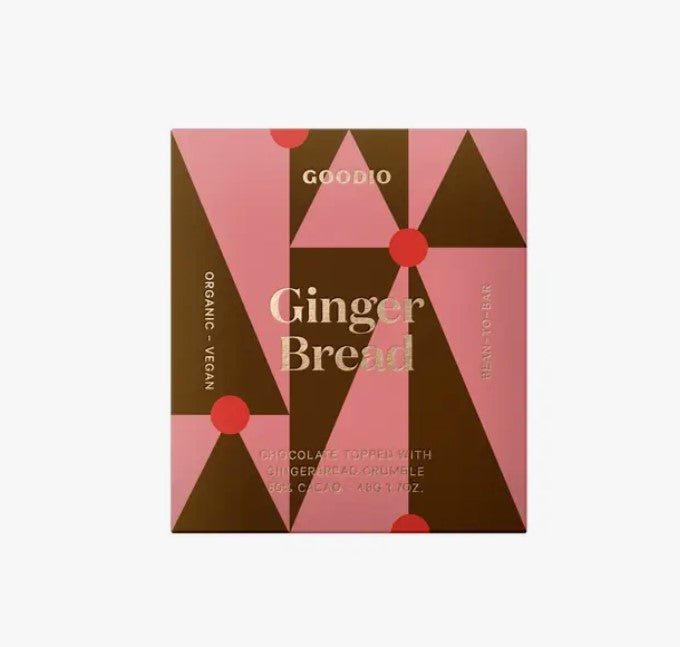 Gingerbread chocolate, image shows the goodio ginger bread chocolate rapping geometrical lines of brown and pink with gold lettering. 