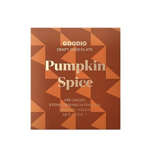 Goodio pumpkin spice chocolate in its square-shaped package in orange and gold lettering on a white background.