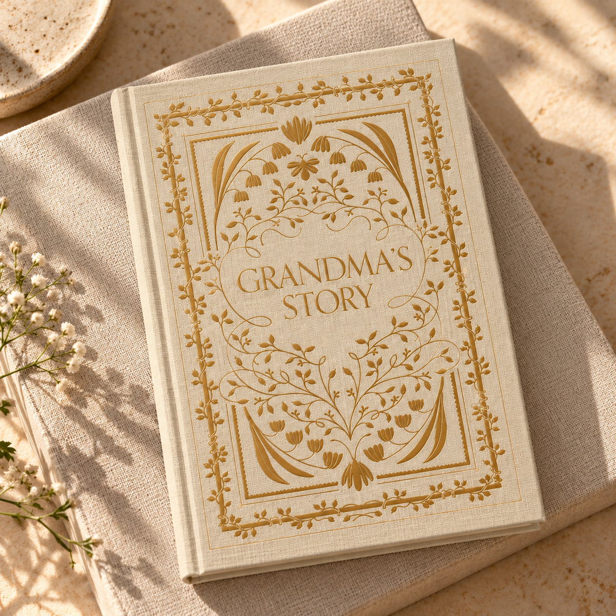 A hardcover book titled "Grandma's Story" with ornate gold floral border artwork on an off-white cover, styled on a linen surface with warm sunlight and small white flowers nearby.