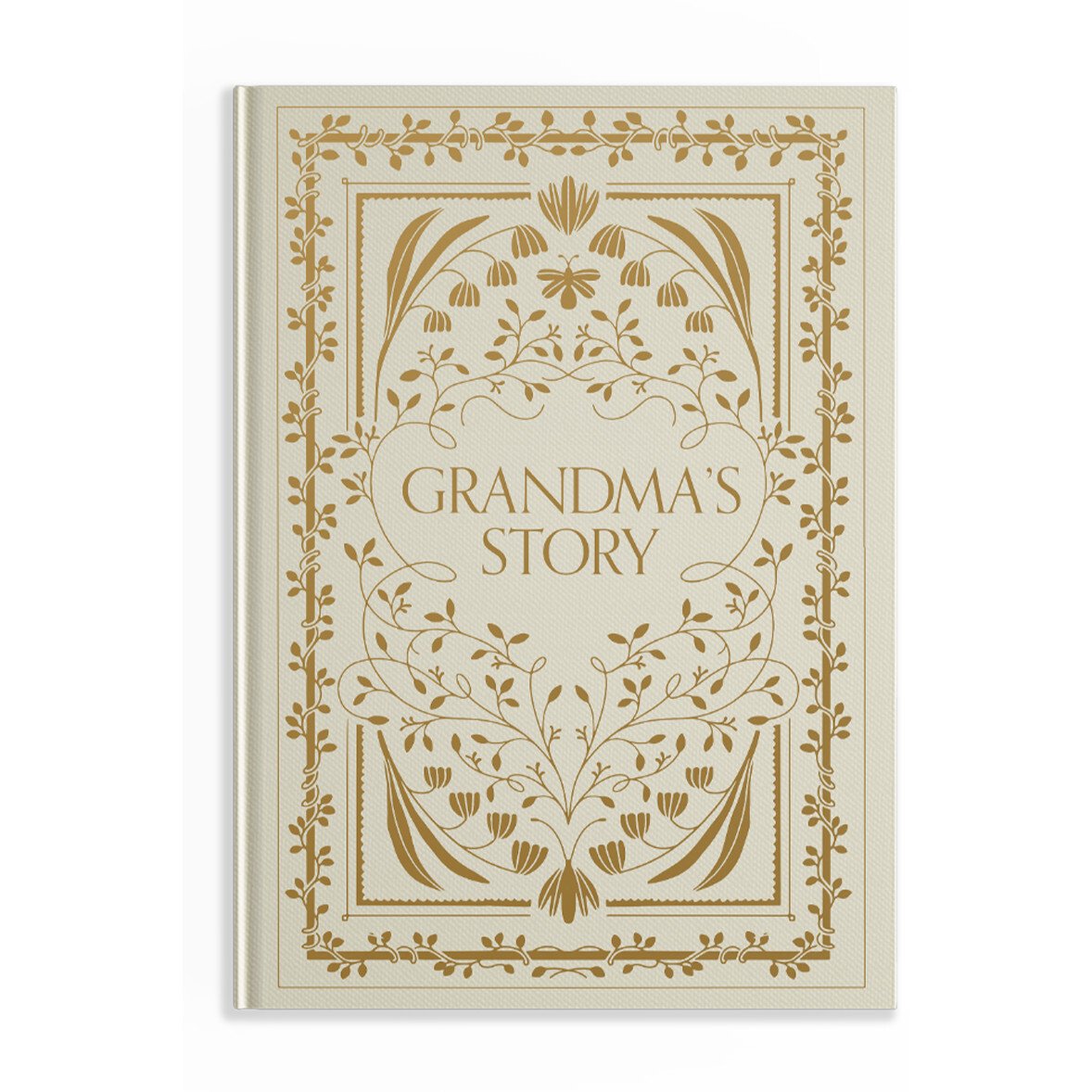 Grandma's Story memory keepsake and journal book. A cream-colored book cover displays the title "Grandma's Story" in gold lettering, surrounded by intricate floral and vine-like decorative elements.