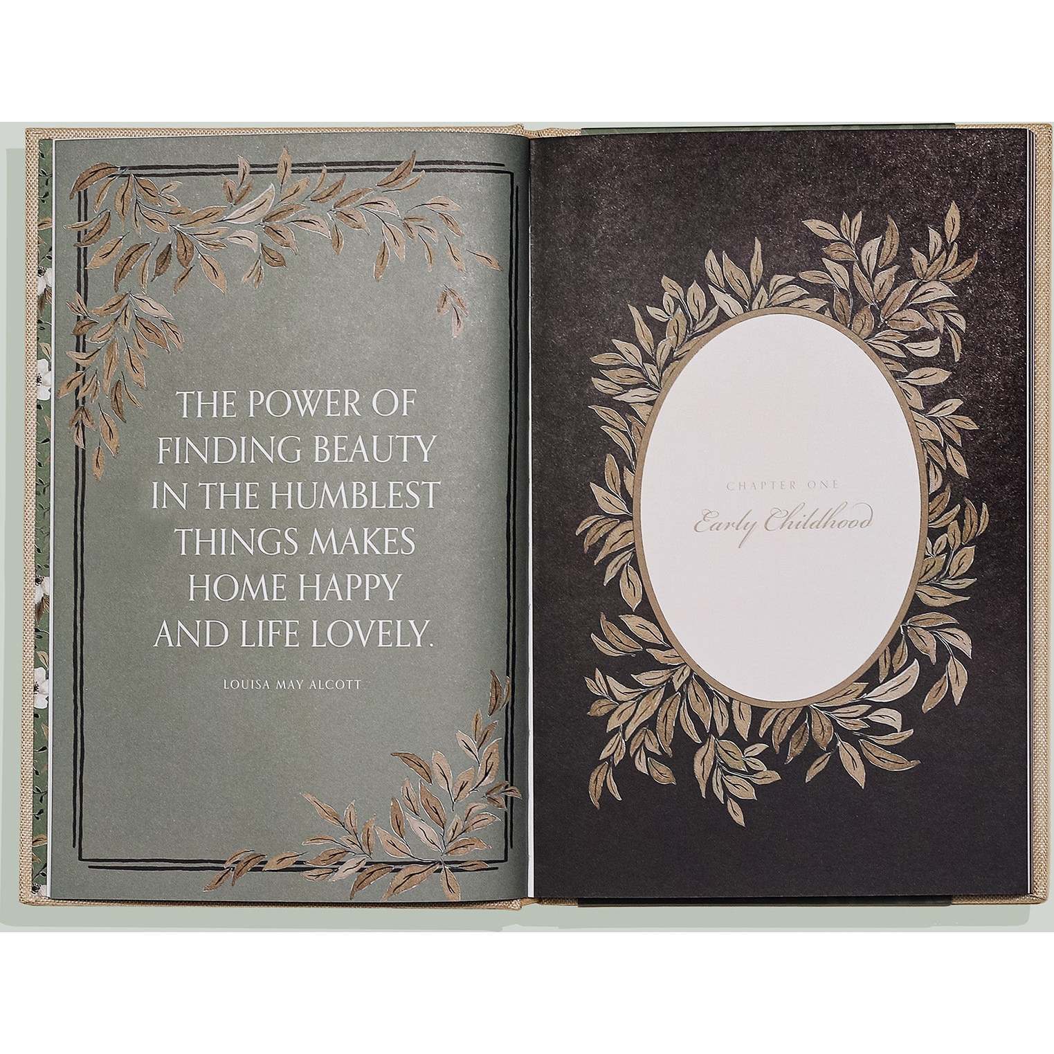 Grandma's Story memory keepsake and journal book. A vintage-style book page featuring a quote by Louisa May Alcott and an empty oval frame for a photo, surrounded by illustrations of leaves and branches.