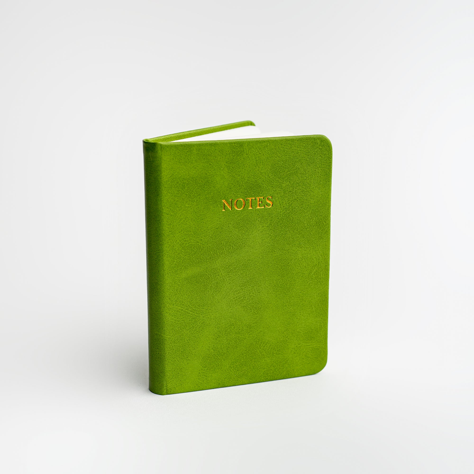 Green pocket softcover notebook featured on a white background.  With Notes in gold in front of it. 