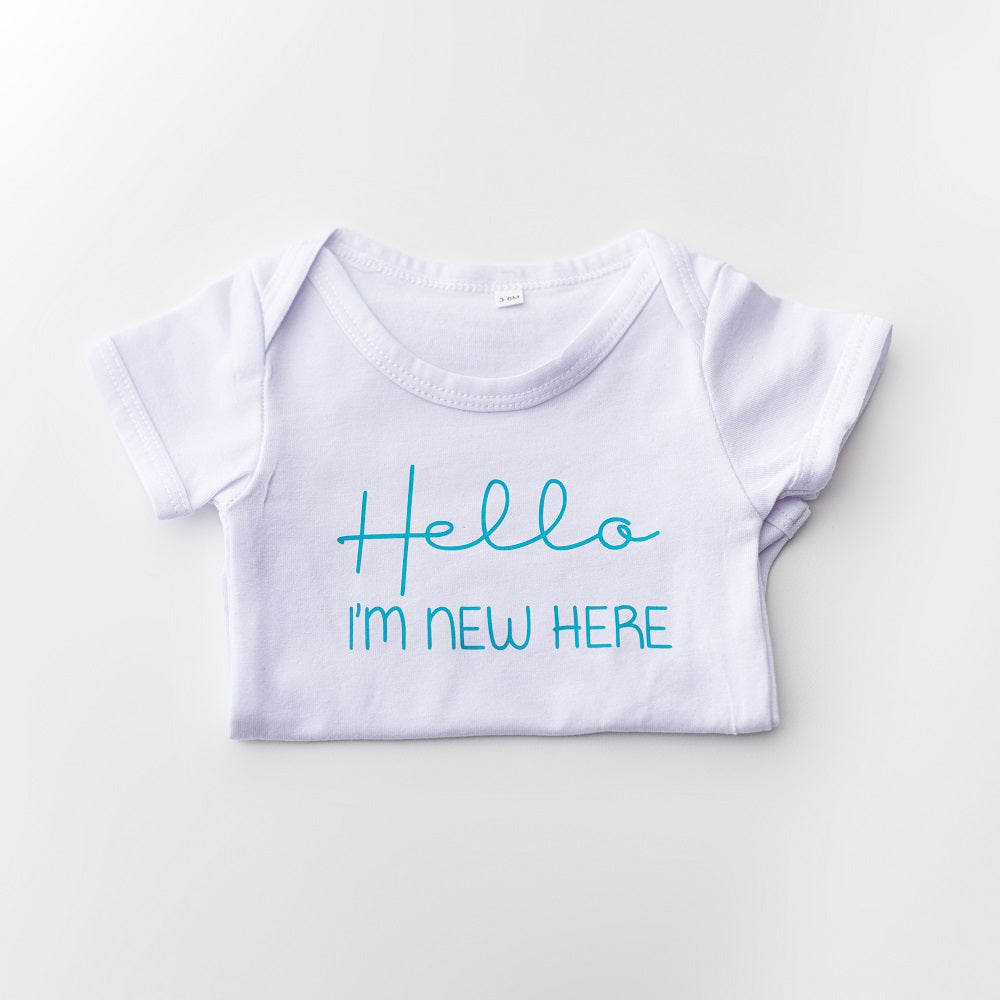 Hello Im new here onesie features in blue vinyl lettering in a white onesie on a white background. 