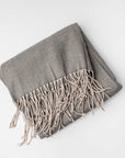 Herringbone throw blanket featured in its gray beige stripes and flakes form on a white background. 