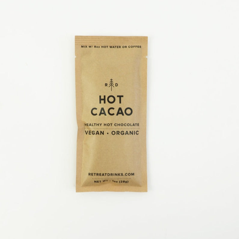 Hot cacao hot chocolate from retreat drinks packet, beige colored with information in black lettering.  