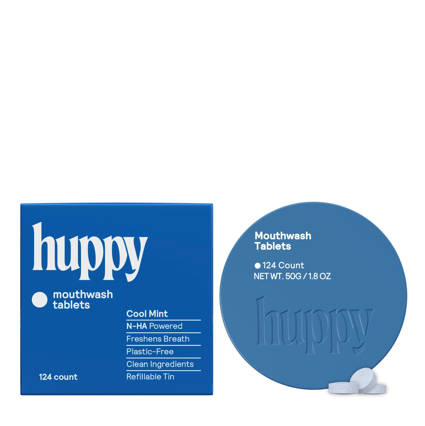 huppy mouthwash tablets blue packaging and tablets on a white background