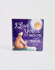 Children's book titled 'I Love You to the Moon and Back' with a purple cover and bear illustration on a white background.