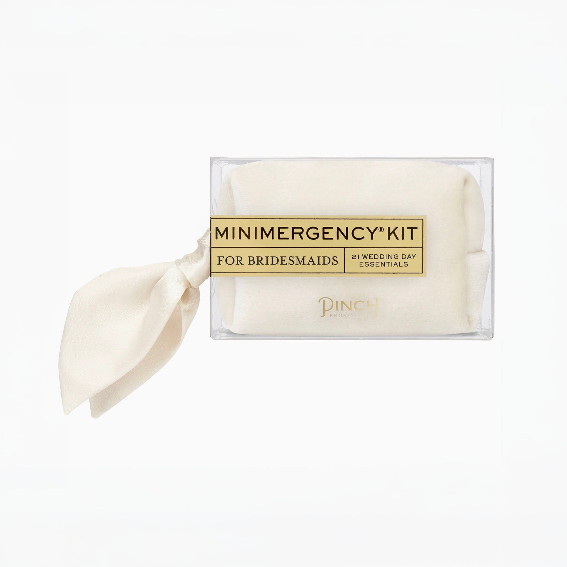 A packaged bridal essentials kit labeled 'MINIMERGENCY KIT FOR BRIDESMAIDS' with a cream satin ribbon bow, shown on a clean white background. The brand name 'PINCCH' is visible on the packaging.