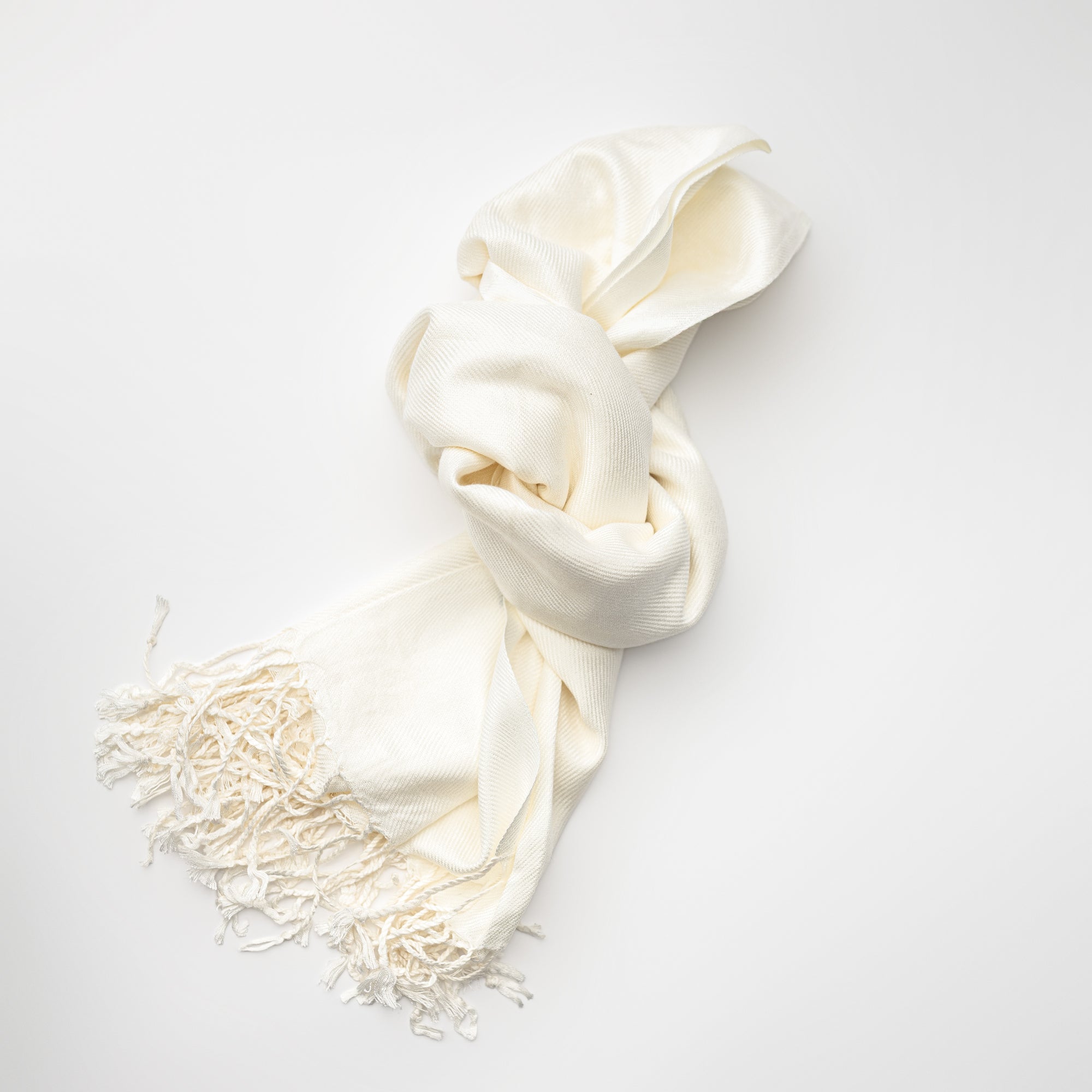 Ivory pashmina with fringed edges on a white background.