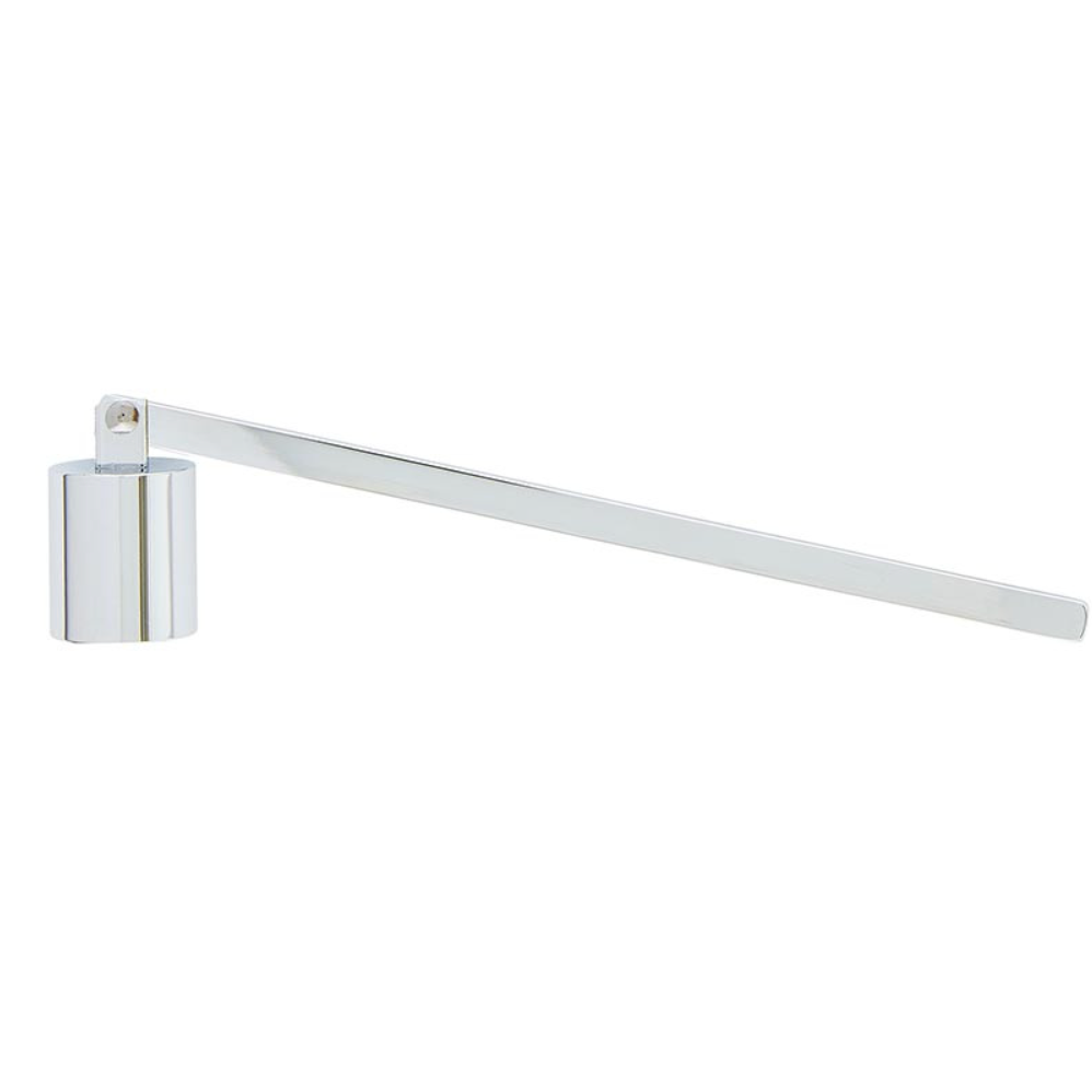 Silver candle snuffer on a white background.