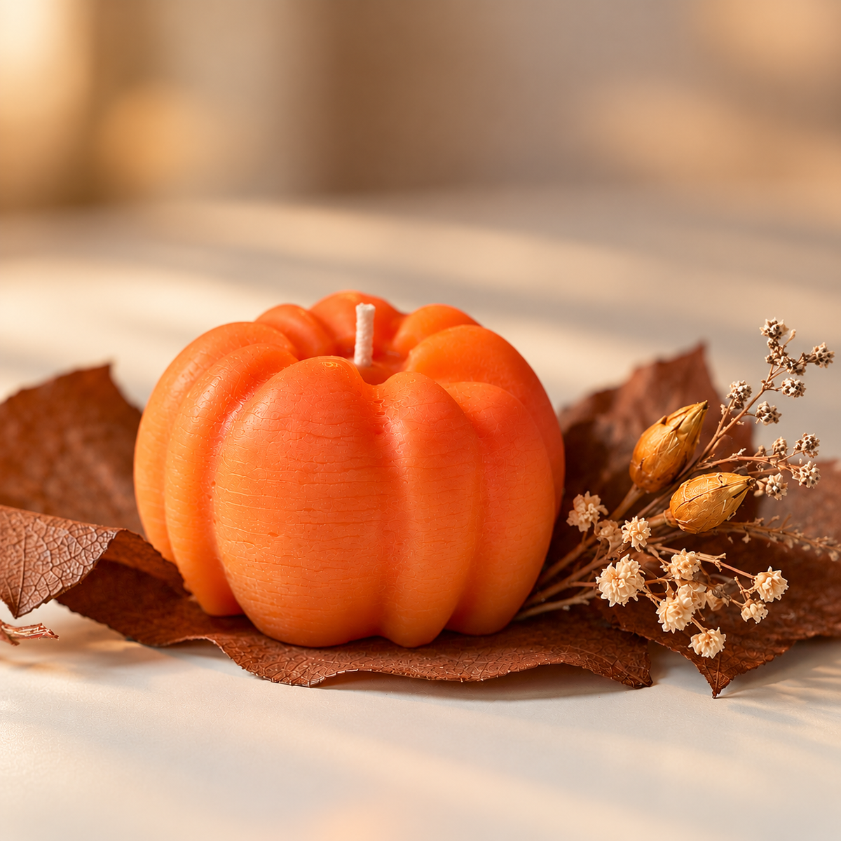 An orange pumpkin-shaped candle styled on brown autumn leaves with dried cream flowers, set against a warm, softly blurred background.