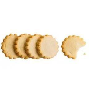 Meyer lemon shortbread cookies are featured, five of them in the image, round, sun-shaped cookies on a white background. 