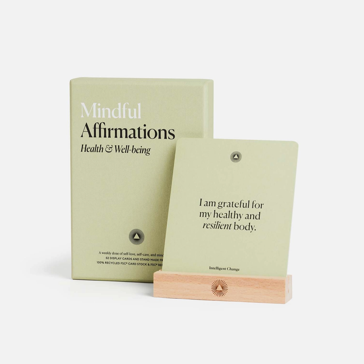 Mindful Affirmations card  with a wooden support on a white background