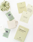Meditation Gift Box items displayed on a white background, featuring Mindful Affirmation Cards, relaxing tea, a stoneware mug, an artisan chocolate bar, and a green air plant.