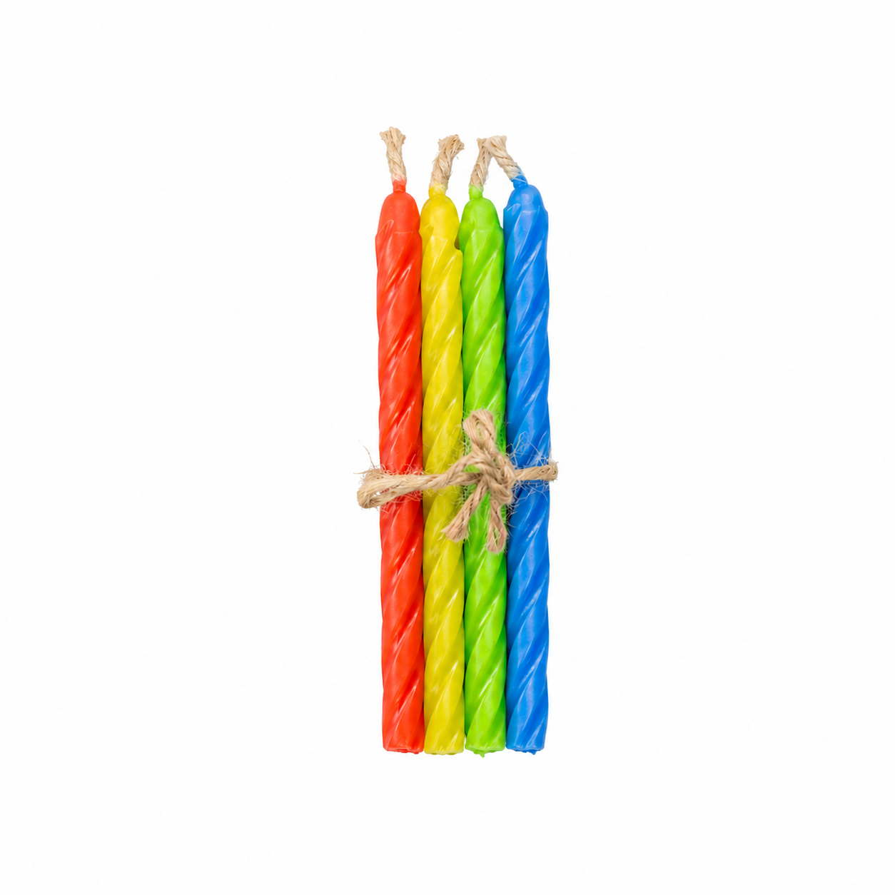 Mini birthday candle bundle, 4 colorful birthday candles tied up with a piece of twine on a white background. 