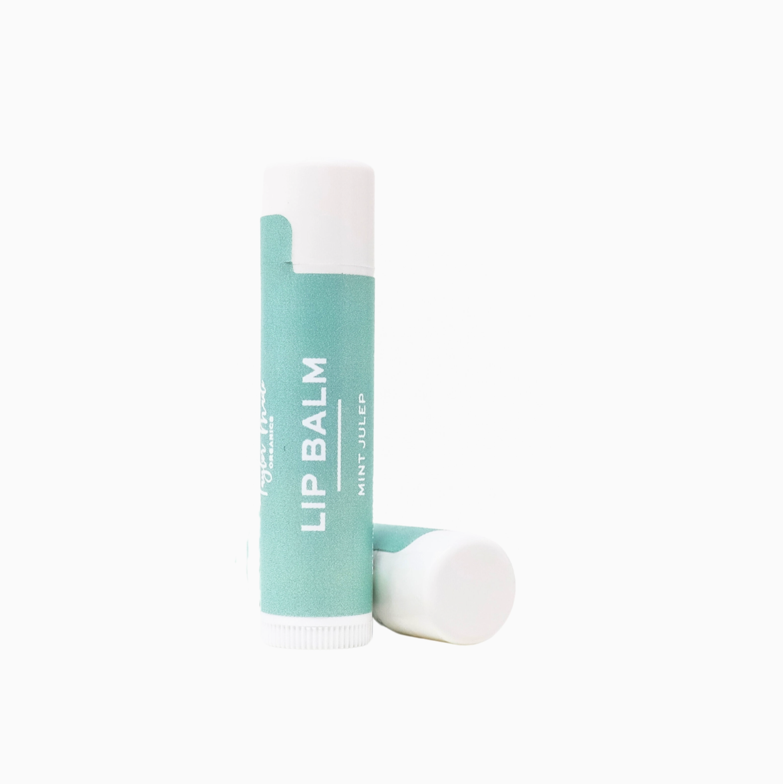 Lip balm tube with a white cap and aqua blue on a white background