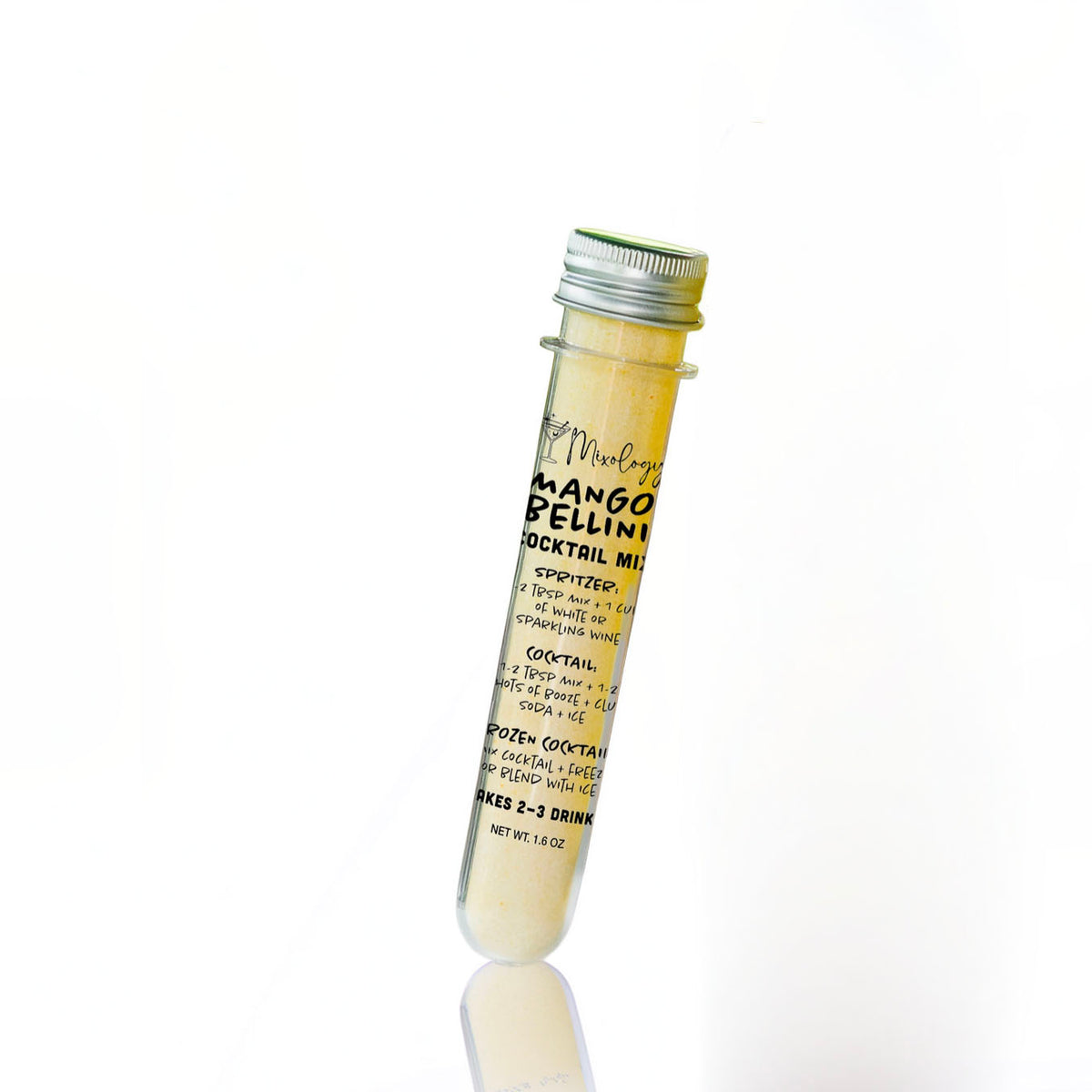 A clear glass test tube with a silver metal screw cap, filled with pale yellow liquid and labeled 'Mango Pellin' cocktail mix, photographed on a clean white background with a faint reflection below.