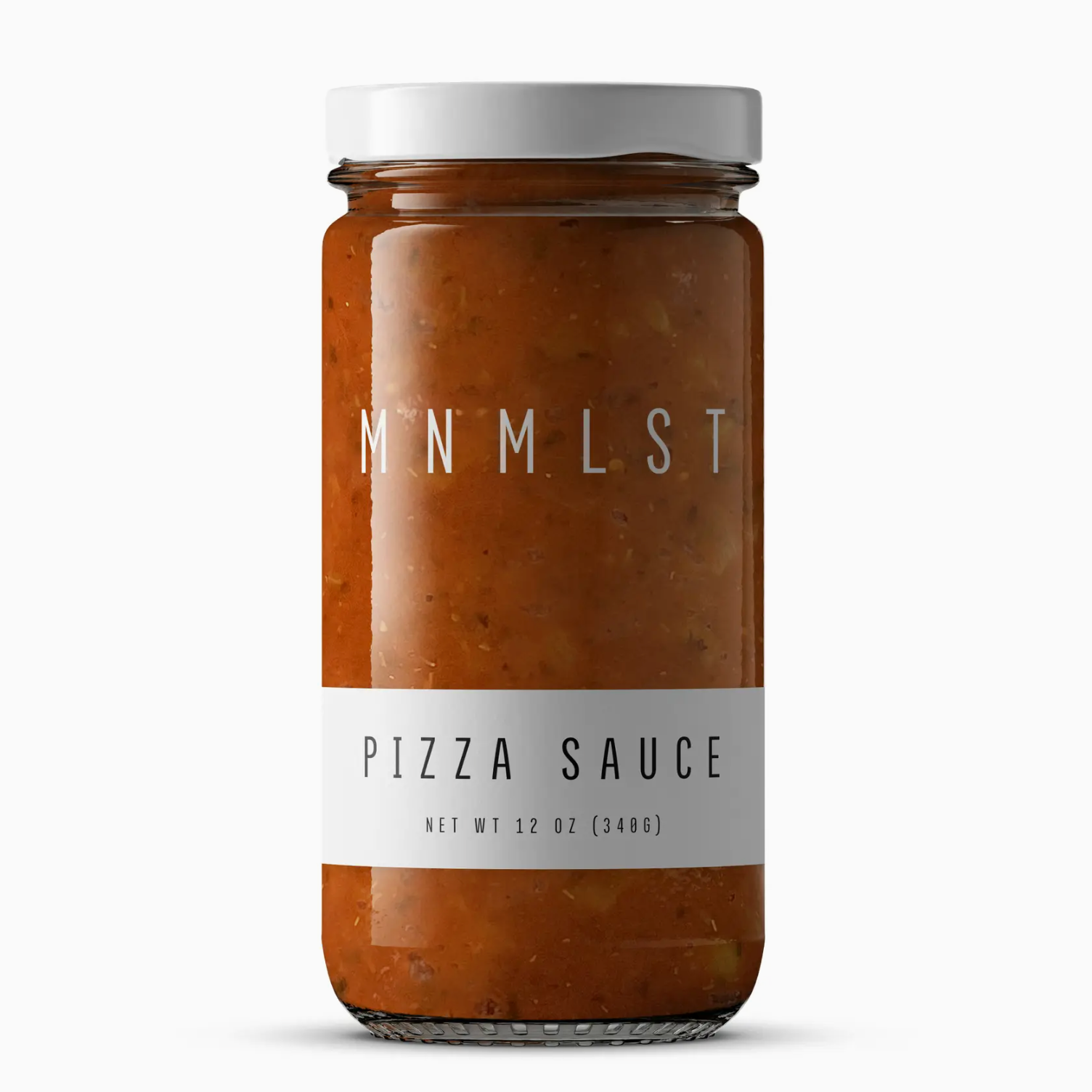 Jar of pizza sauce with a white label on a white background