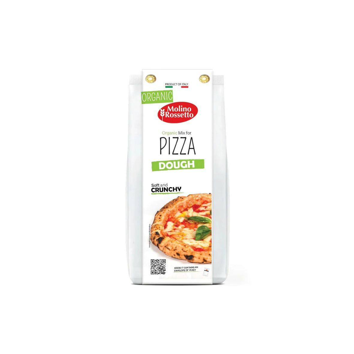 Molino Rossetto pizza dough with colorful label showing a made pizza on a white background. 