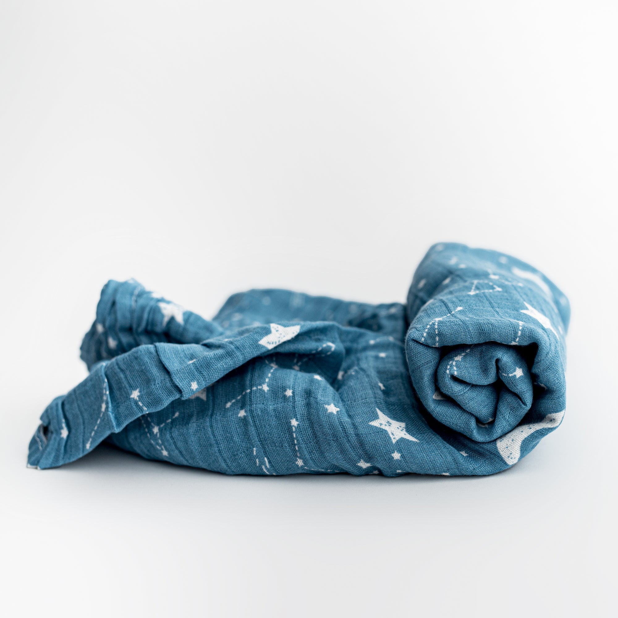 Muslin sky swaddle blanket featured blue with white stars on a white background. 
