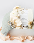 A front view of the New Baby Gift Box featuring a Baby’s First Year book, a wooden teether, a soft bunny lovey, Dandelion natural tallow balm, a handcrafted natural floral bundle, and a sage green swaddle, all arranged in a white gift box with ivory shred and tied with a blush ribbon on a white background.