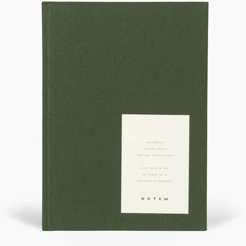 Dark Green Medium Hard Cover Notebook is featured on a white background. 
