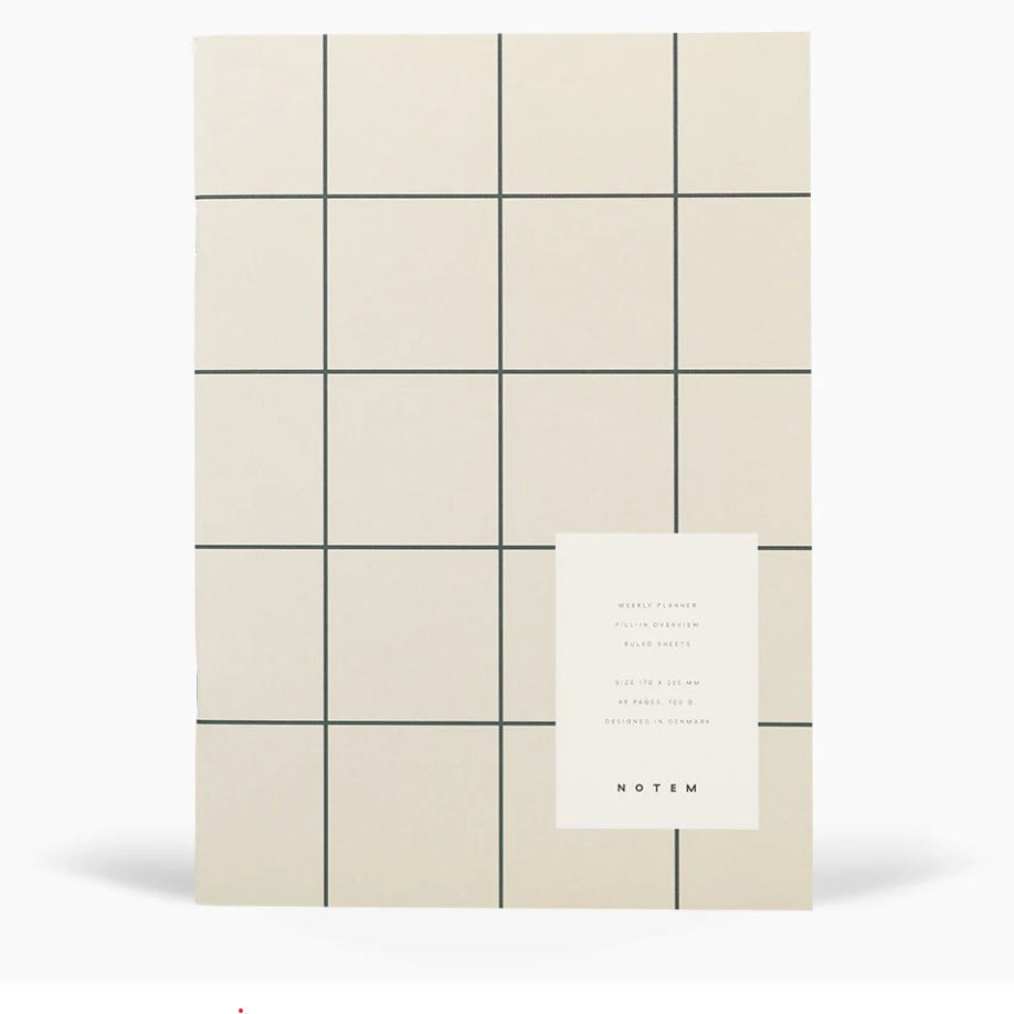 Milo weekly planner notem light grey cover featured, a rectangular planner, its surface marked by a dark gray grid over a pale beige background. Positioned on the lower right, a white rectangular label provides details of the planner in black lettering.