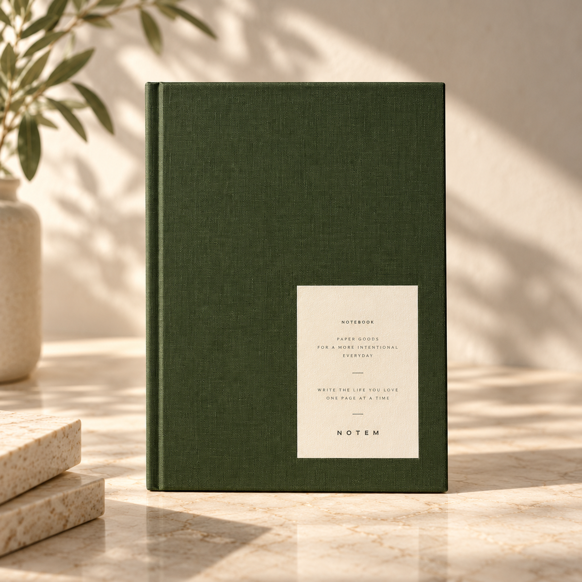 A dark green hardcover notebook with a cream paper label on the front, standing on a light marble surface with warm sunlight and leaf shadows.