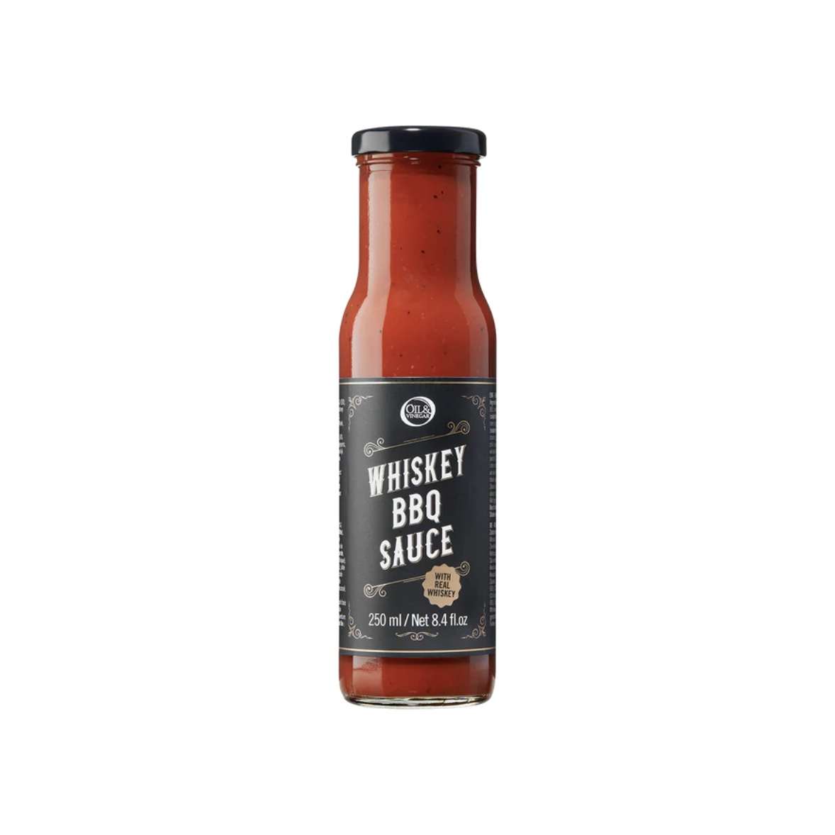 Bottle of Oil &amp; Vinegar BBQ sauce on a plain white background, in it's a clear glass container with a label and dark barbecue sauce inside, centered and evenly lit for a product catalog-style image.