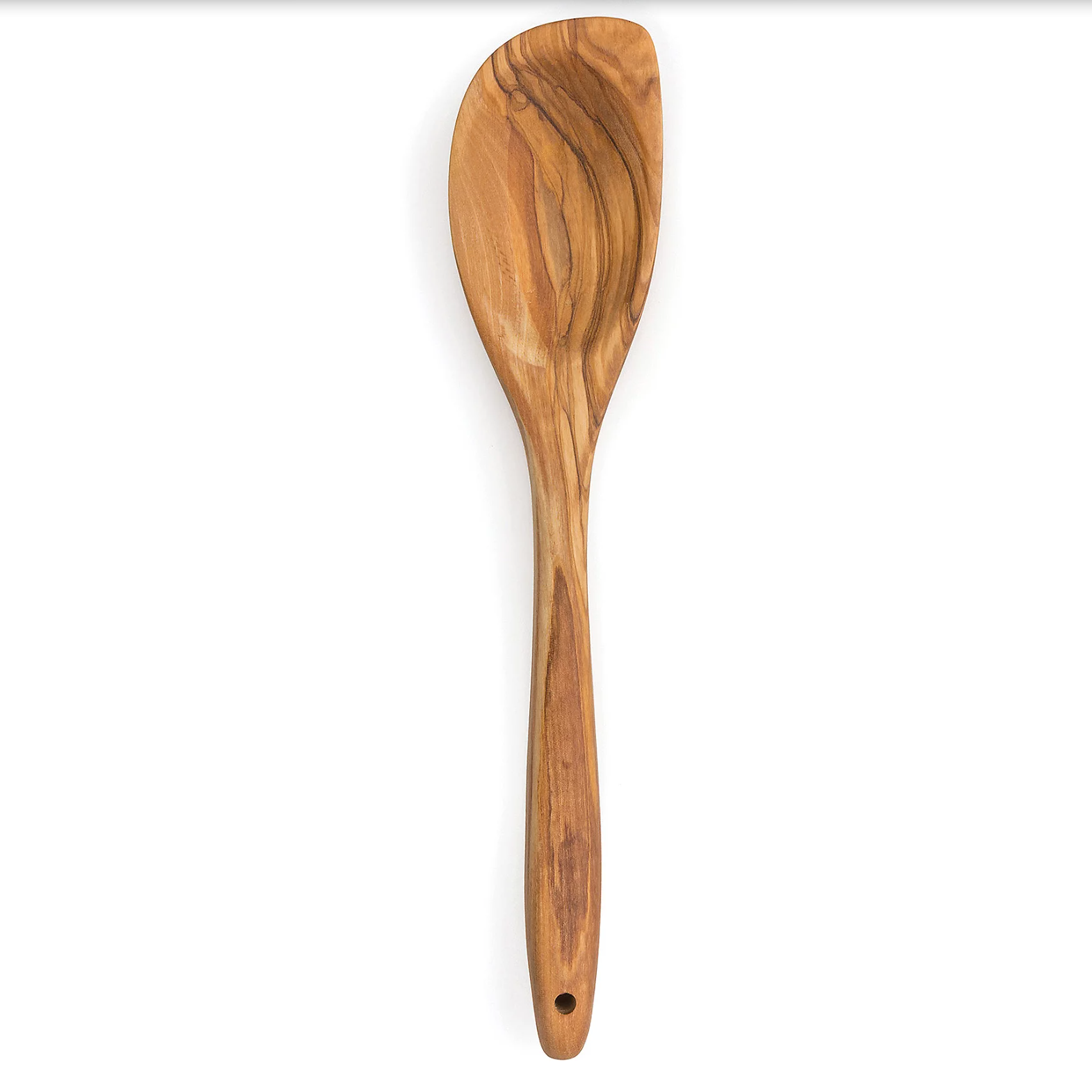 Olive wood curved spoon featured on a white background. 
